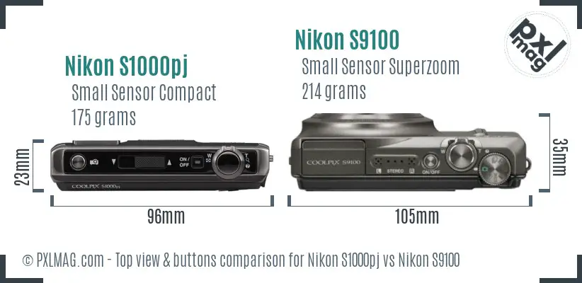 Nikon S1000pj vs Nikon S9100 top view buttons comparison