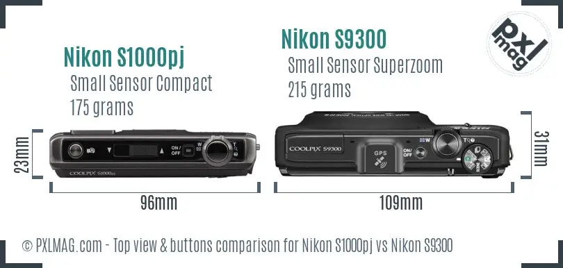 Nikon S1000pj vs Nikon S9300 top view buttons comparison
