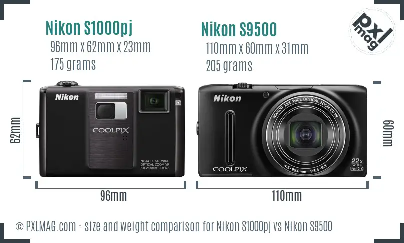 Nikon S1000pj vs Nikon S9500 size comparison