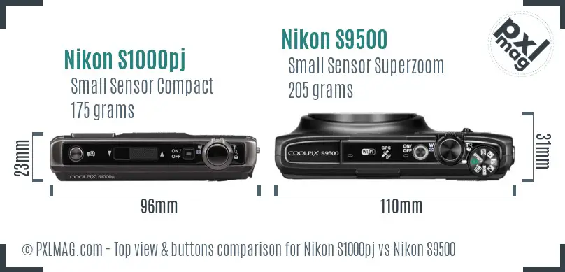 Nikon S1000pj vs Nikon S9500 top view buttons comparison