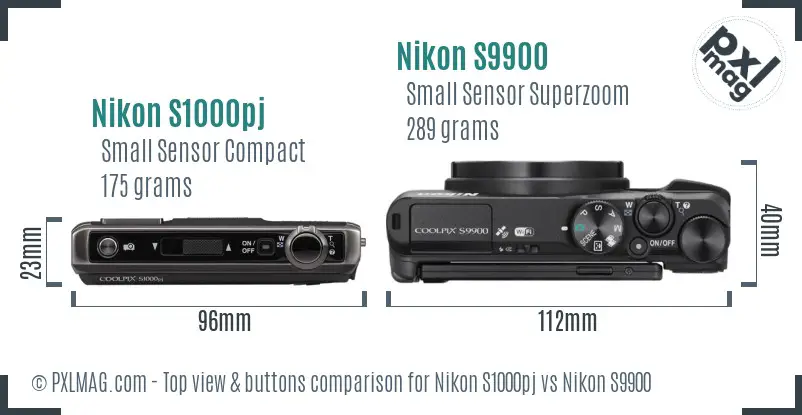 Nikon S1000pj vs Nikon S9900 top view buttons comparison