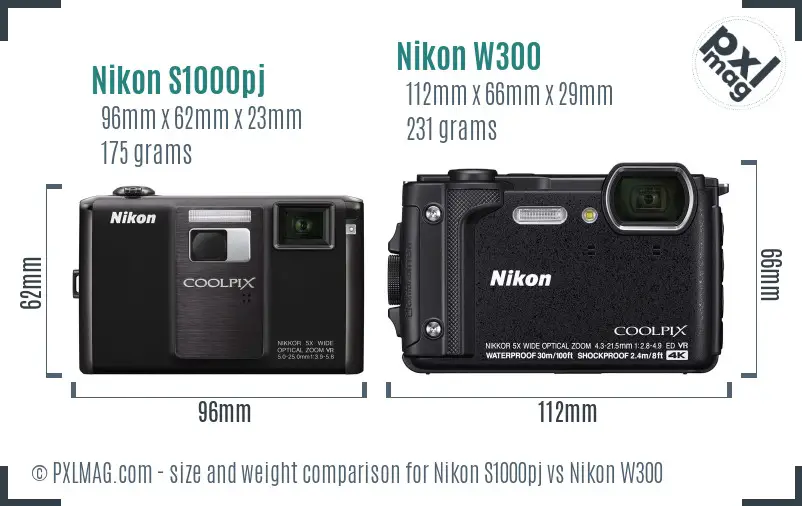 Nikon S1000pj vs Nikon W300 size comparison