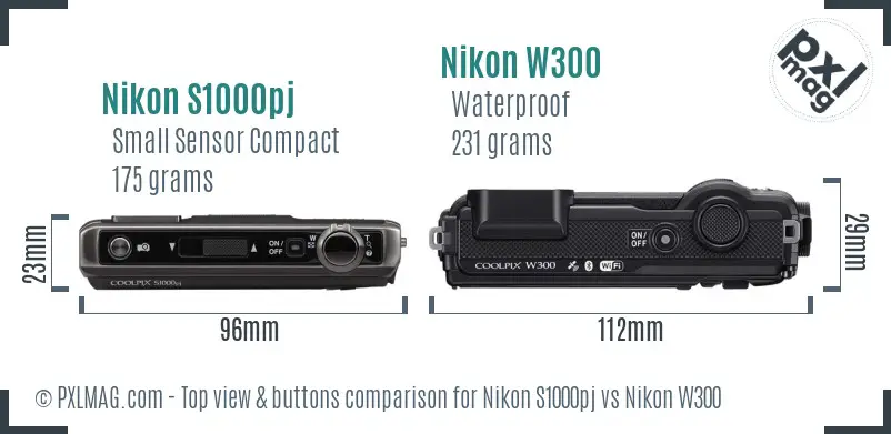 Nikon S1000pj vs Nikon W300 top view buttons comparison