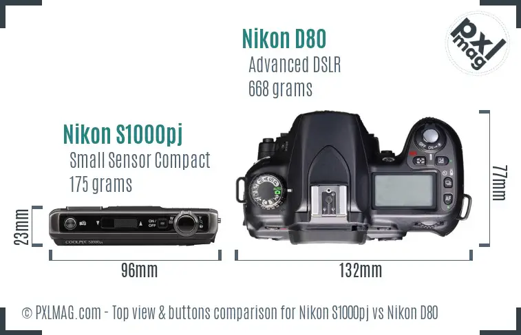 Nikon S1000pj vs Nikon D80 top view buttons comparison