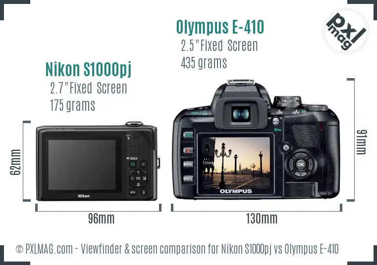 Nikon S1000pj vs Olympus E-410 Screen and Viewfinder comparison