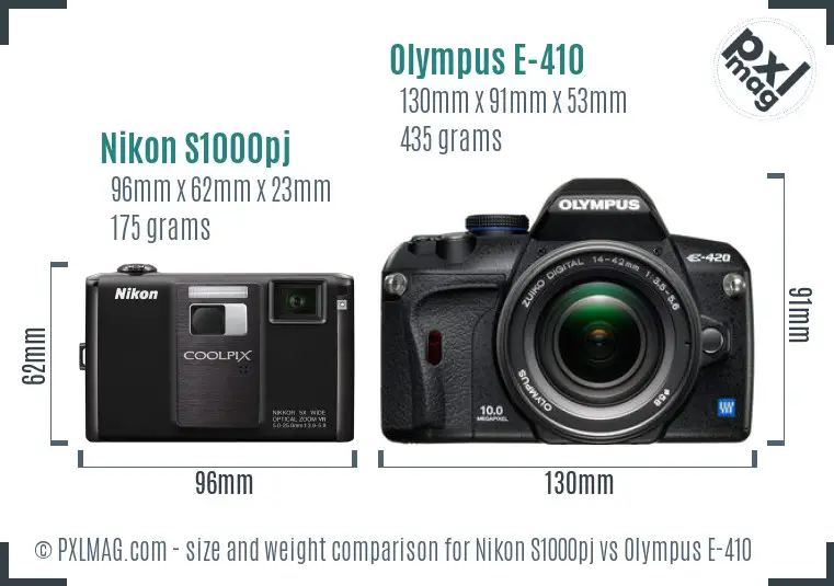 Nikon S1000pj vs Olympus E-410 size comparison