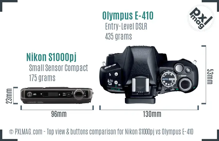 Nikon S1000pj vs Olympus E-410 top view buttons comparison
