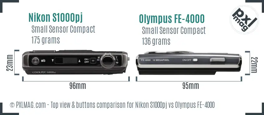 Nikon S1000pj vs Olympus FE-4000 top view buttons comparison