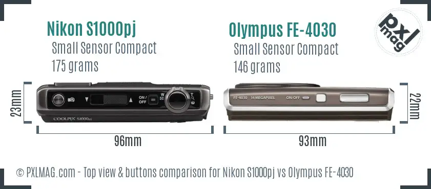 Nikon S1000pj vs Olympus FE-4030 top view buttons comparison