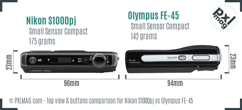 Nikon S1000pj vs Olympus FE-45 top view buttons comparison Nikon S1000pj vs Olympus FE-45 top view buttons comparison