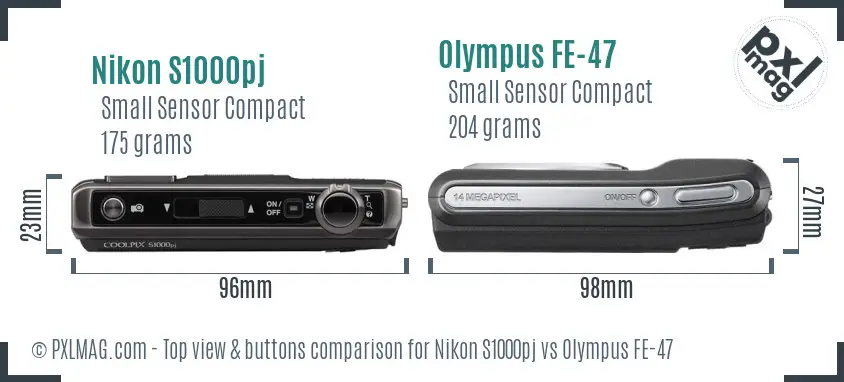 Nikon S1000pj vs Olympus FE-47 top view buttons comparison