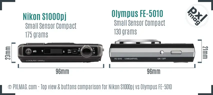 Nikon S1000pj vs Olympus FE-5010 top view buttons comparison Nikon S1000pj vs Olympus FE-5010 top view buttons comparison