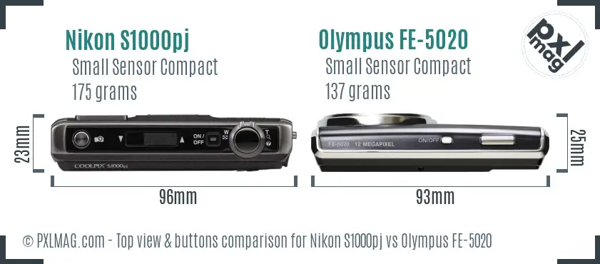 Nikon S1000pj vs Olympus FE-5020 top view buttons comparison