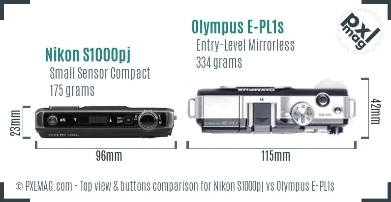 Nikon S1000pj vs Olympus E-PL1s top view buttons comparison
