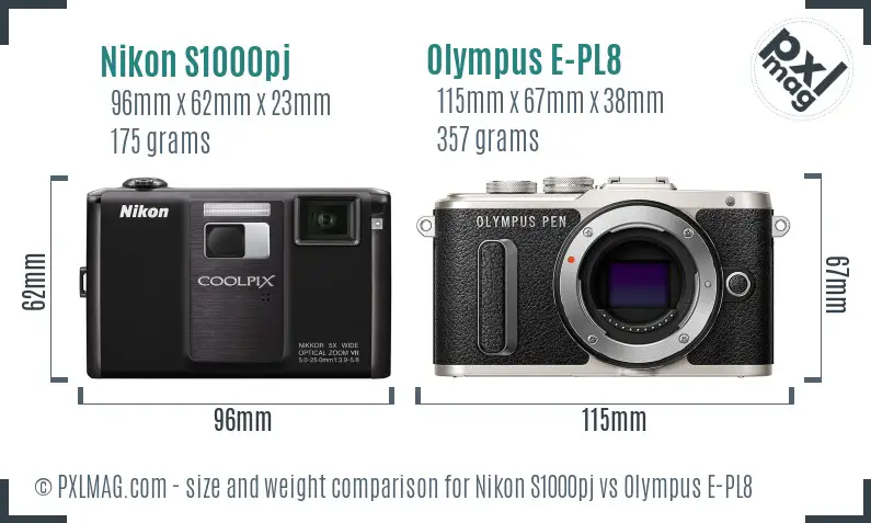 Nikon S1000pj vs Olympus E-PL8 size comparison
