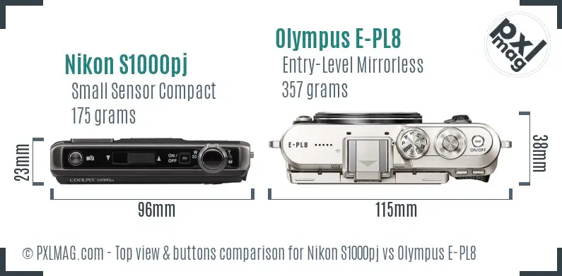 Nikon S1000pj vs Olympus E-PL8 top view buttons comparison
