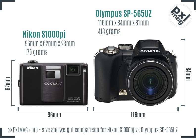 Nikon S1000pj vs Olympus SP-565UZ size comparison Nikon S1000pj vs Olympus SP-565UZ size comparison