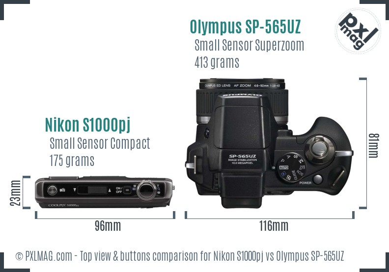 Nikon S1000pj vs Olympus SP-565UZ top view buttons comparison