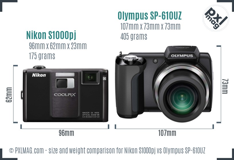 Nikon S1000pj vs Olympus SP-610UZ size comparison Nikon S1000pj vs Olympus SP-610UZ size comparison