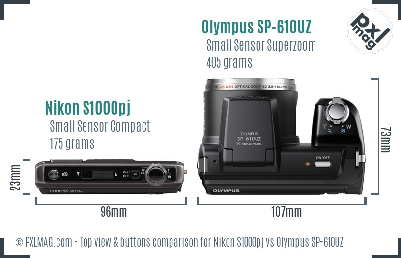 Nikon S1000pj vs Olympus SP-610UZ top view buttons comparison