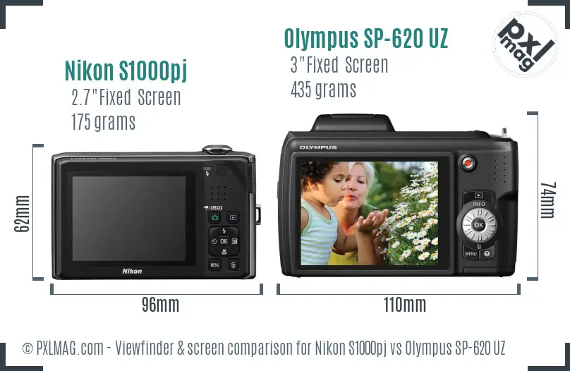 Nikon S1000pj vs Olympus SP-620 UZ Screen and Viewfinder comparison