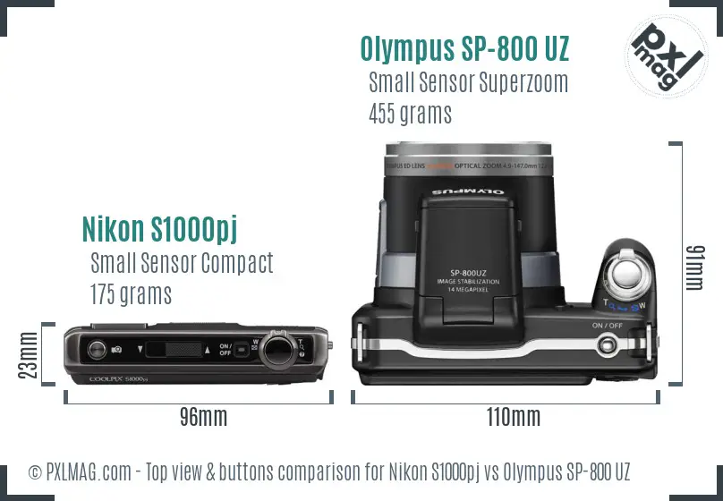 Nikon S1000pj vs Olympus SP-800 UZ top view buttons comparison Nikon S1000pj vs Olympus SP-800 UZ top view buttons comparison
