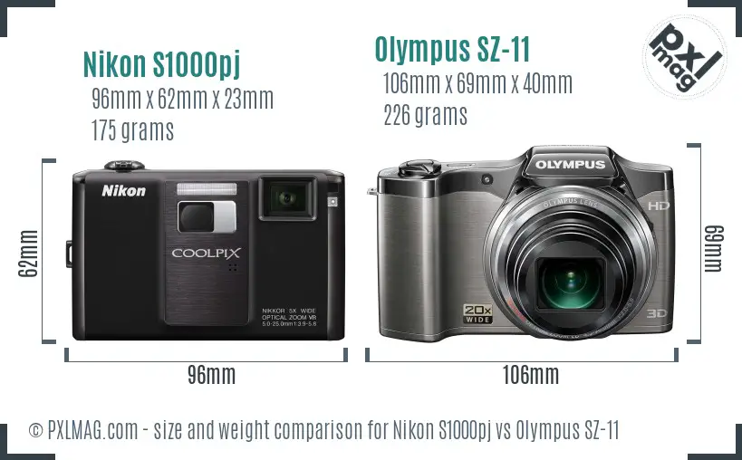 Nikon S1000pj vs Olympus SZ-11 size comparison