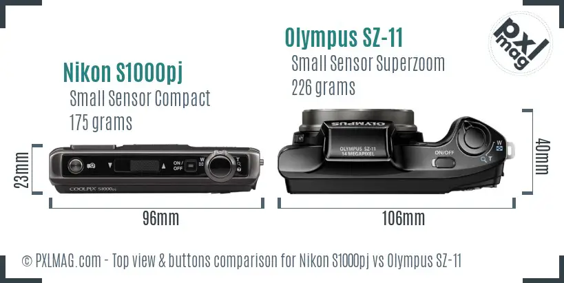 Nikon S1000pj vs Olympus SZ-11 top view buttons comparison