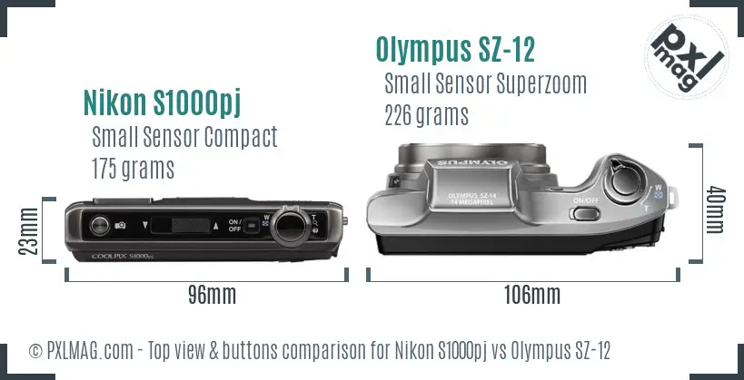 Nikon S1000pj vs Olympus SZ-12 top view buttons comparison