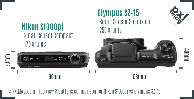 Nikon S1000pj vs Olympus SZ-15 top view buttons comparison