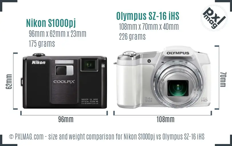 Nikon S1000pj vs Olympus SZ-16 iHS size comparison Nikon S1000pj vs Olympus SZ-16 iHS size comparison