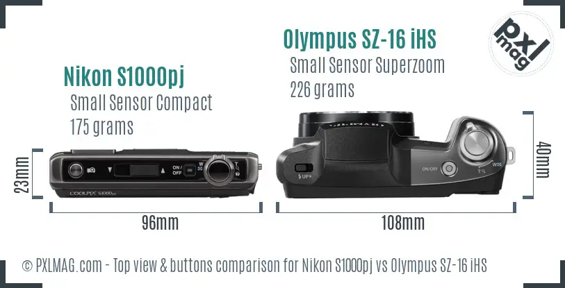 Nikon S1000pj vs Olympus SZ-16 iHS top view buttons comparison Nikon S1000pj vs Olympus SZ-16 iHS top view buttons comparison