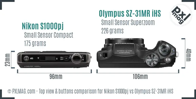 Nikon S1000pj vs Olympus SZ-31MR iHS top view buttons comparison