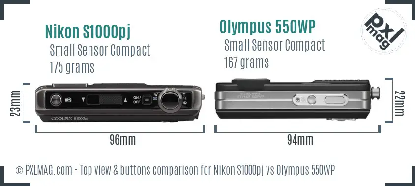 Nikon S1000pj vs Olympus 550WP top view buttons comparison Nikon S1000pj vs Olympus 550WP top view buttons comparison