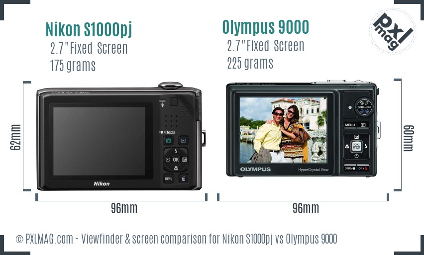 Nikon S1000pj vs Olympus 9000 Screen and Viewfinder comparison