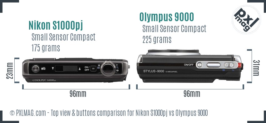 Nikon S1000pj vs Olympus 9000 top view buttons comparison