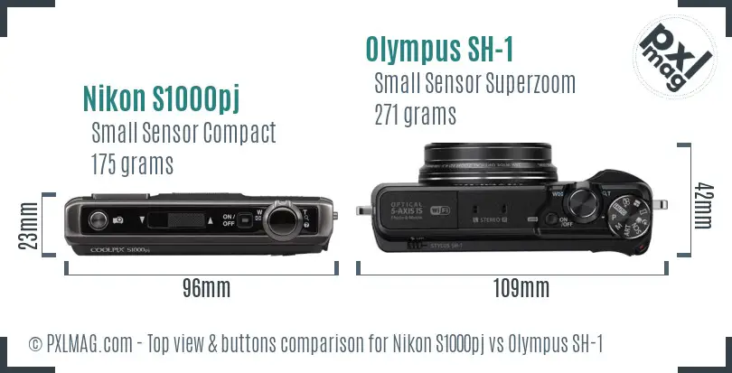 Nikon S1000pj vs Olympus SH-1 top view buttons comparison