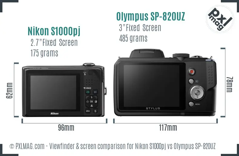 Nikon S1000pj vs Olympus SP-820UZ Screen and Viewfinder comparison