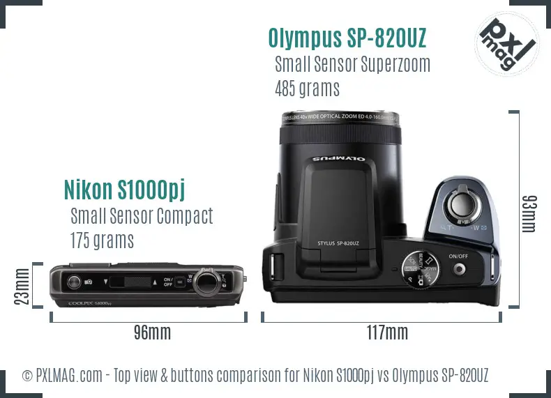 Nikon S1000pj vs Olympus SP-820UZ top view buttons comparison