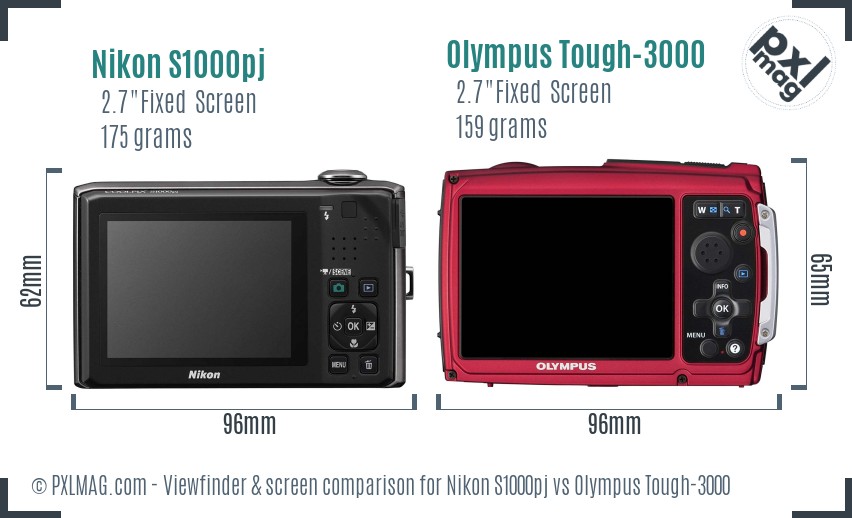 Nikon S1000pj vs Olympus Tough-3000 Screen and Viewfinder comparison