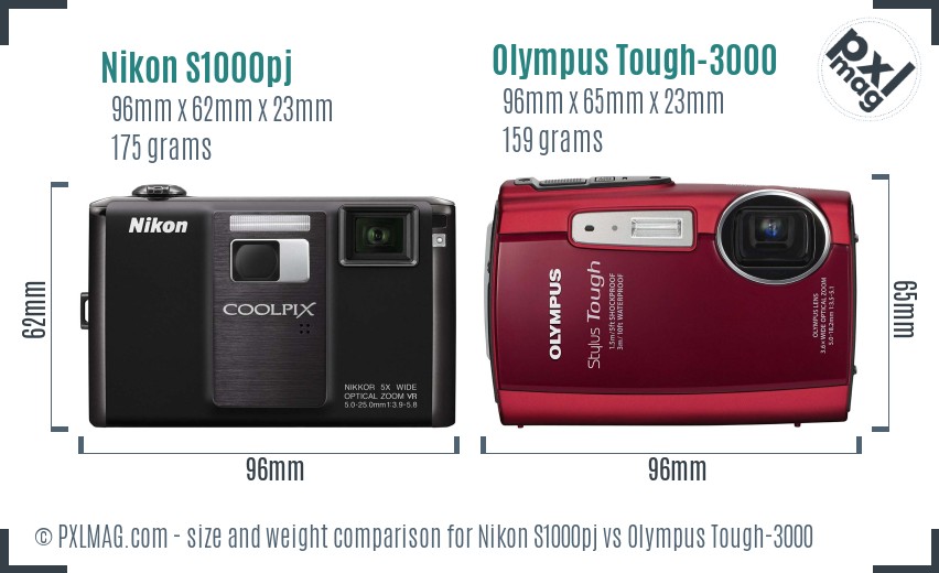 Nikon S1000pj vs Olympus Tough-3000 size comparison