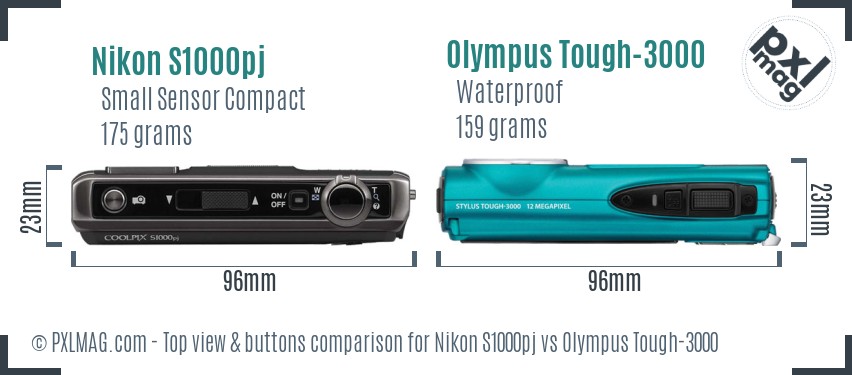 Nikon S1000pj vs Olympus Tough-3000 top view buttons comparison