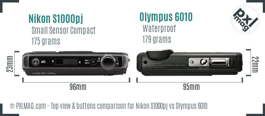 Nikon S1000pj vs Olympus 6010 top view buttons comparison