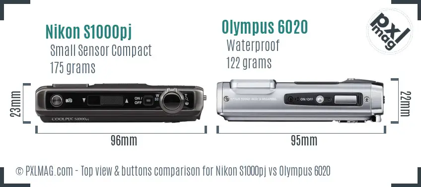 Nikon S1000pj vs Olympus 6020 top view buttons comparison Nikon S1000pj vs Olympus 6020 top view buttons comparison