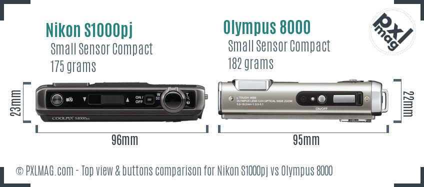 Nikon S1000pj vs Olympus 8000 top view buttons comparison