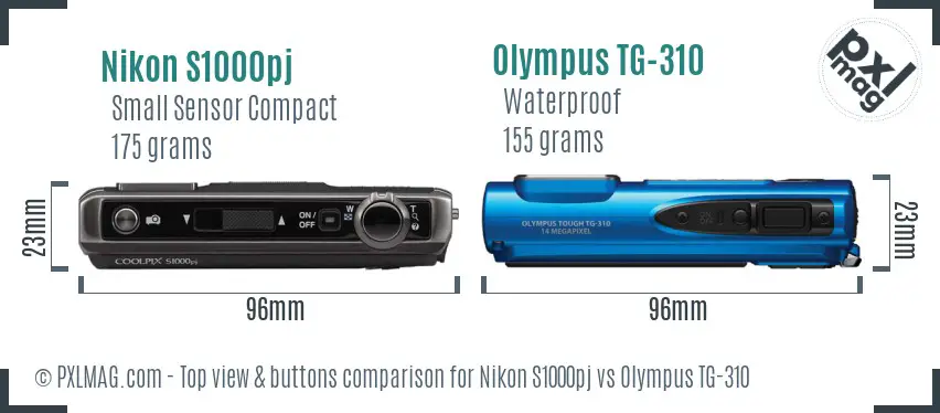 Nikon S1000pj vs Olympus TG-310 top view buttons comparison