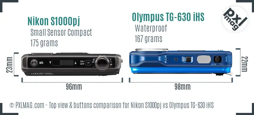 Nikon S1000pj vs Olympus TG-630 iHS top view buttons comparison