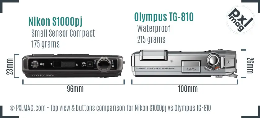 Nikon S1000pj vs Olympus TG-810 top view buttons comparison