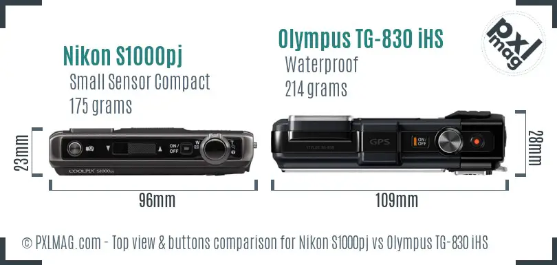 Nikon S1000pj vs Olympus TG-830 iHS top view buttons comparison