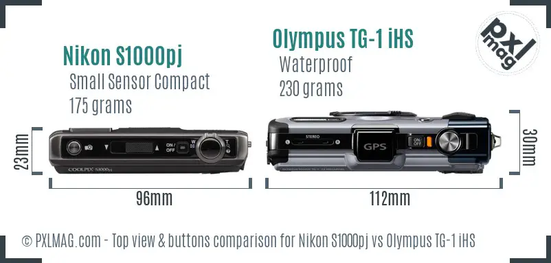 Nikon S1000pj vs Olympus TG-1 iHS top view buttons comparison